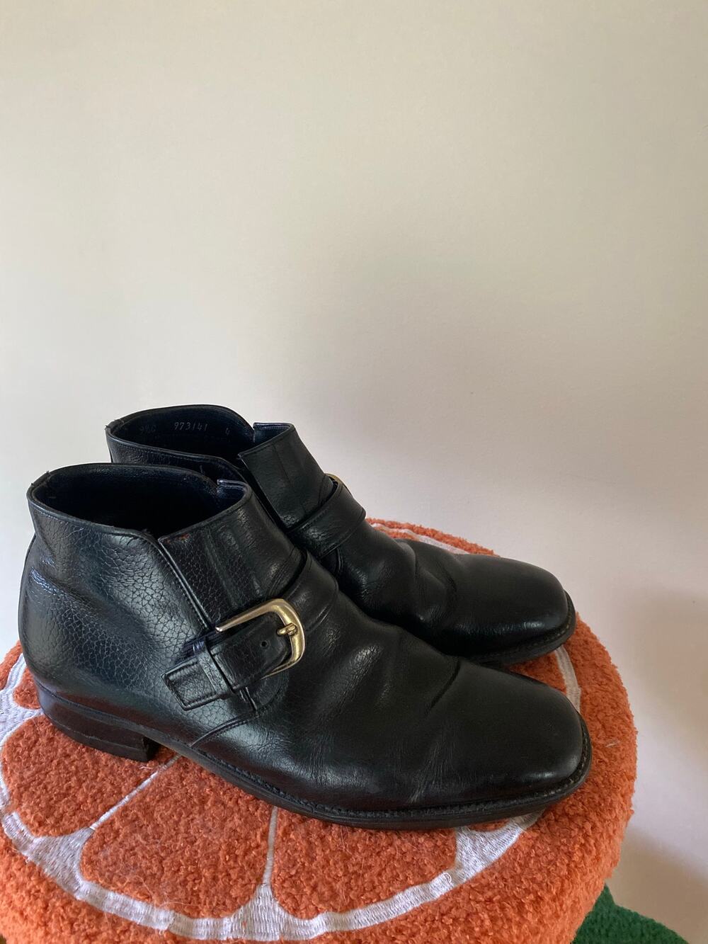 Mens vintage leather ankle boots buckle Beatles 9.5 C 60s 70s mod strap black